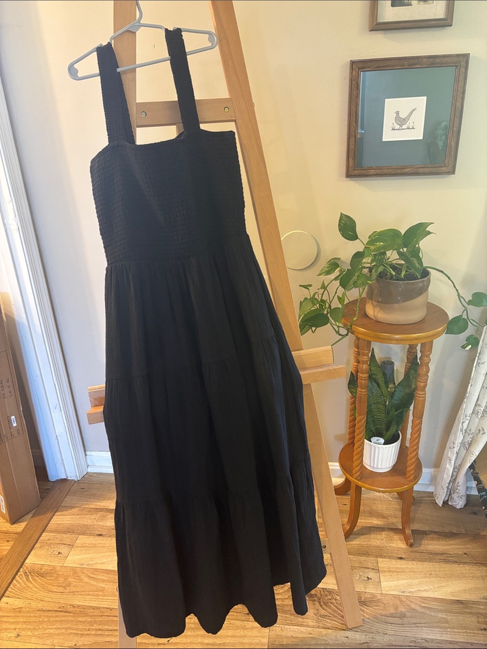 Quince Black Tiered Maxi Dress with Smocked Bodice size small
